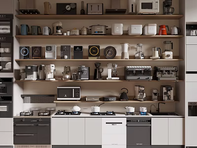 Modern Kitchen Interior With Various Kitchen Appliances On Shelves And Countertops 3d model
