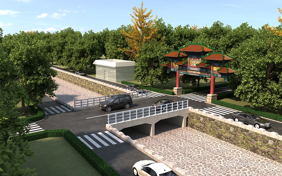 Scenic Landscape With Chinese Style Archway Green Trees And Stone Bridge With Vehicles Passing By 3d model 