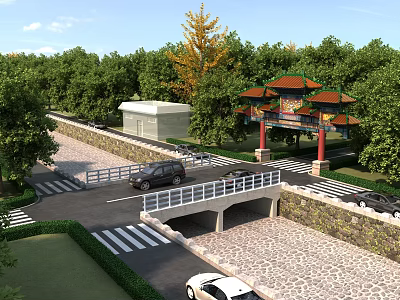 Scenic Landscape With Chinese Style Archway Green Trees And Stone Bridge With Vehicles Passing By 3d model