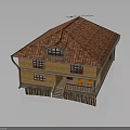 Wooden House Exterior With Red Tiled Roof Windows And Balcony Stairs