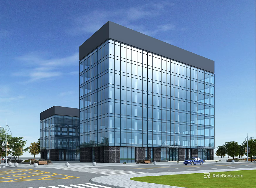 Modern Glass Curtain Wall Office Building With Blue Sky Parking And Green Lawn 3d model 