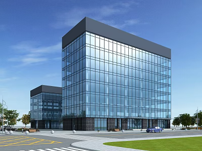 Modern Glass Curtain Wall Office Building With Blue Sky Parking And Green Lawn 3d model