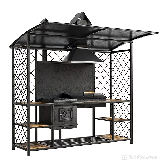 Sturdy Outdoor Grill Setup With Metal Frame Canopy And Wooden Shelves 3d model 