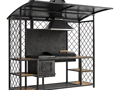 Sturdy Outdoor Grill Setup With Metal Frame Canopy And Wooden Shelves 3d model