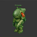 Robot Character With Biological Design Number 9 Red Headphones And Yellow Green Camouflage