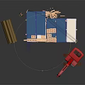 Blue And White Two Story Container Building With Red Excavator And Yellow Pipes