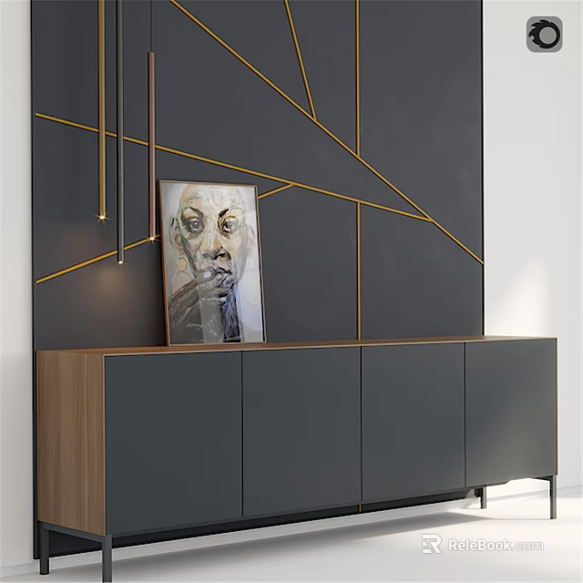 Modern Sideboard With Wooden Gray Doors On Gray Wall Featuring Golden Lines And Painting 3d model 
