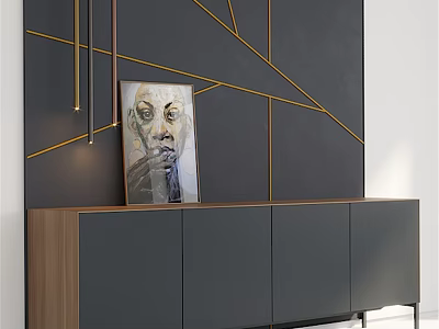 Modern Sideboard With Wooden Gray Doors On Gray Wall Featuring Golden Lines And Painting 3d model