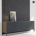 Modern Sideboard With Wooden Gray Doors On Gray Wall Featuring Golden Lines And Painting
