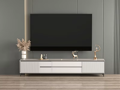 Modern TV Stand With Drawers And Decorative Ornaments On Gray Striped Wall 3d model