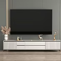 Modern TV Stand With Drawers And Decorative Ornaments On Gray Striped Wall