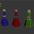 Colorful Conical Bottles With Wooden Corks And Reflections On Gray Background