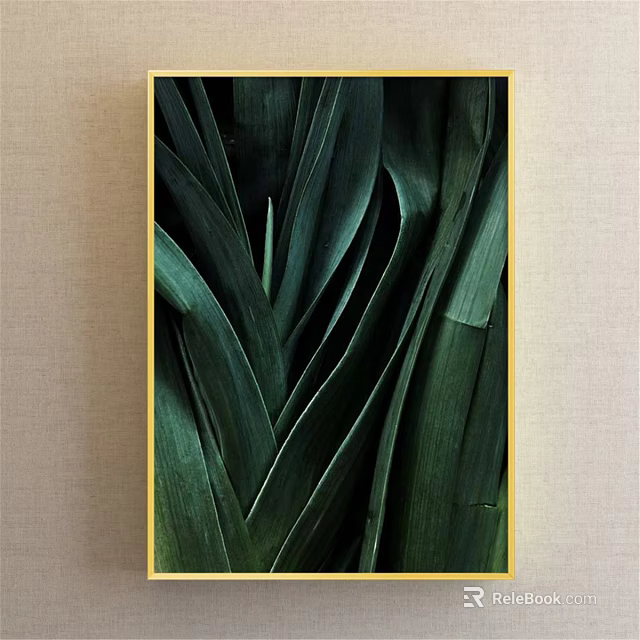 Plant Painting Featuring Green Layered Leaves In Golden Frame On Light Background 3d model 