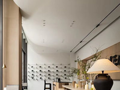 Modern Café Interior Design With Wall Shelves Green Plants And Warm Lighting 3d model
