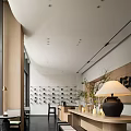 Modern Café Interior Design With Wall Shelves Green Plants And Warm Lighting
