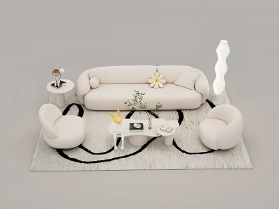 Modern Minimalist Cream Sofa Coffee Table Set With Round Armchairs Floral Pillows And Decorative Rug 3d model