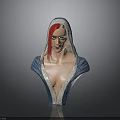 Woman Bust Sculpture With Red Hair And Blue Hooded Attire With Decorative Trim