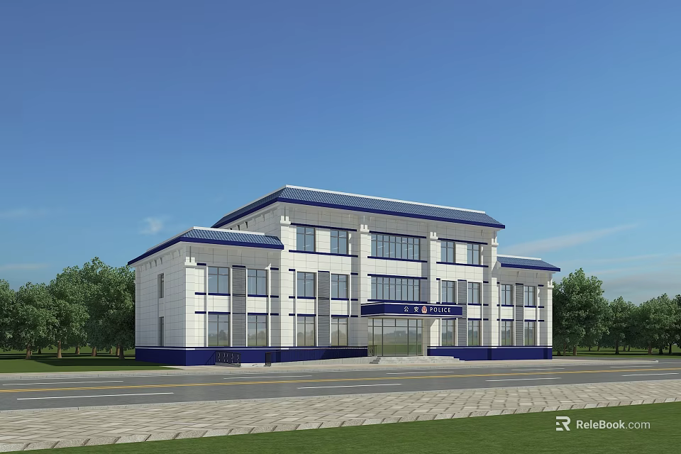 White Building Exterior Design With Blue Roof Front Square Trees Blue Sky 3d model 