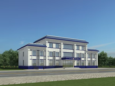 White Building Exterior Design With Blue Roof Front Square Trees Blue Sky 3d model