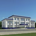 White Building Exterior Design With Blue Roof Front Square Trees Blue Sky