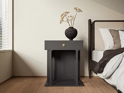 Dark Gray Side Table in Modern Bedroom With Black Vase Dried Flowers Wooden Floor 3d model