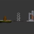 Different Industrial Facility Models With Red Brick Metal Frame And Green Base Designs