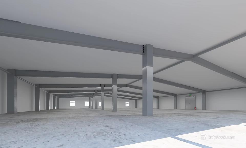Spacious Industrial Factory Building Featuring Steel Structure Columns Roof Trusses And Windows 3d model 
