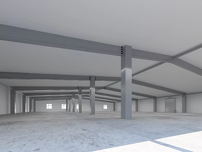 Spacious Industrial Factory Building Featuring Steel Structure Columns Roof Trusses And Windows 3d model