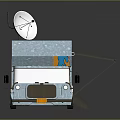 Light Blue Camper Van with Satellite Antenna Solar Panel Open Blue Awning and Door Steps