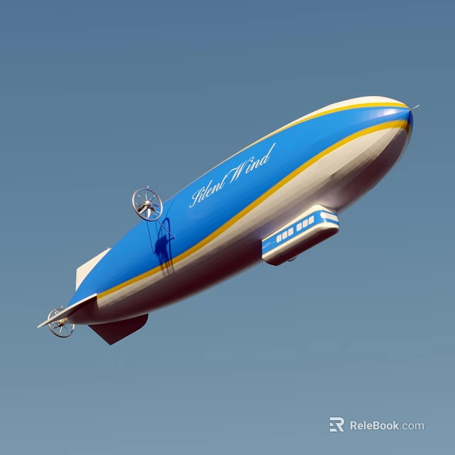 Goodyear Airship With Blue And White Yellow Stripe Propellers Flying In Clear Blue Sky 3d model 