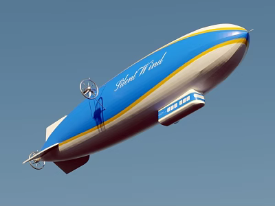 Goodyear Airship With Blue And White Yellow Stripe Propellers Flying In Clear Blue Sky 3d model