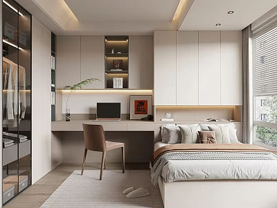 Modern Tatami Bedroom Interior Design With Platform Bed Desk And Storage Cabinets 3d model