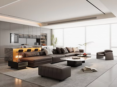 Modern Italian Guest Restaurant Horizontal Hall Guest Restaurant Large Flat Multi-seat Leather Sofa Combination Marble Coffee Table Leisure Sofa Chair Nakajima Table Dining Table and Chair Sideboard Cabinet 3d model
