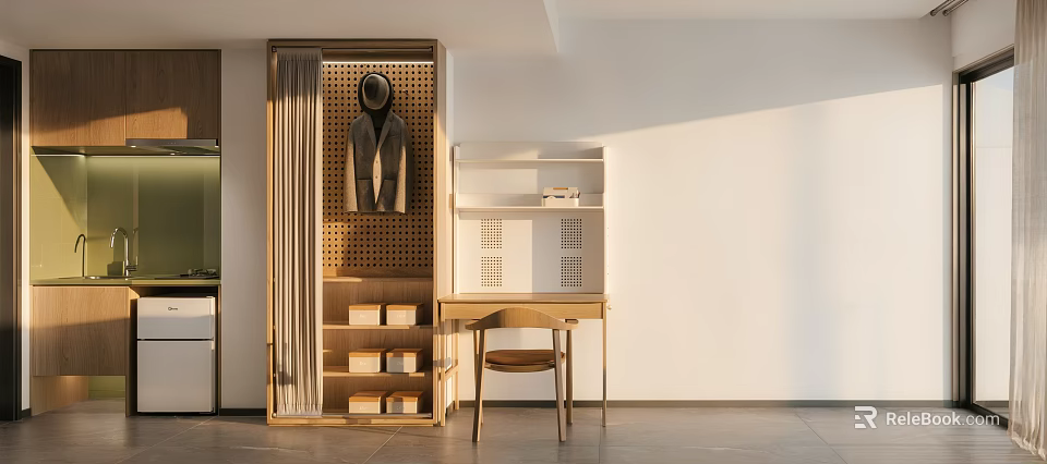 Modern Apartment Interior With Hanging Suit Hat Bookshelf Desk And Shoe Rack 3d model 