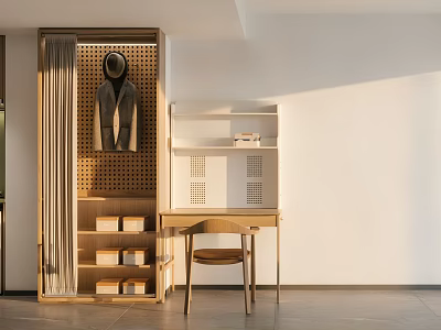 Modern Apartment Interior With Hanging Suit Hat Bookshelf Desk And Shoe Rack 3d model