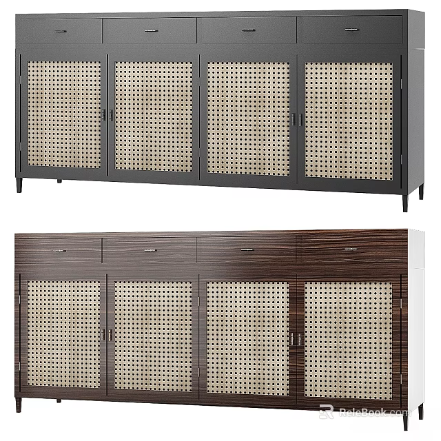 Modern Dresser With Rattan Panels And Black Frame And Dark Wood Design 3d model 