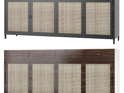 Modern Dresser With Rattan Panels And Black Frame And Dark Wood Design 3d model