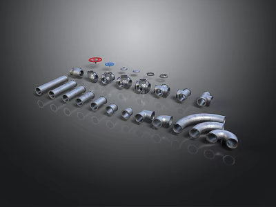 Assorted Metal Pipe Fittings With Silver Tubes Elbows And Red Blue Components 3d model