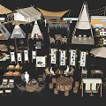 Outdoor Camping Equipment With Tents Tables Chairs Food Truck And Decorative Flags