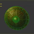 Golden Decorative Shield With Intricate Carvings Metal Rivets And Central Boss