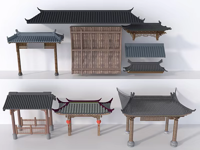 Traditional Chinese Architecture Elements With Various Tile Roofs And Wooden Structures 3d model