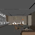 Modern Sales Office Interior Design with Wooden Walls Orange Sofa White Display Counter and Bookshelves