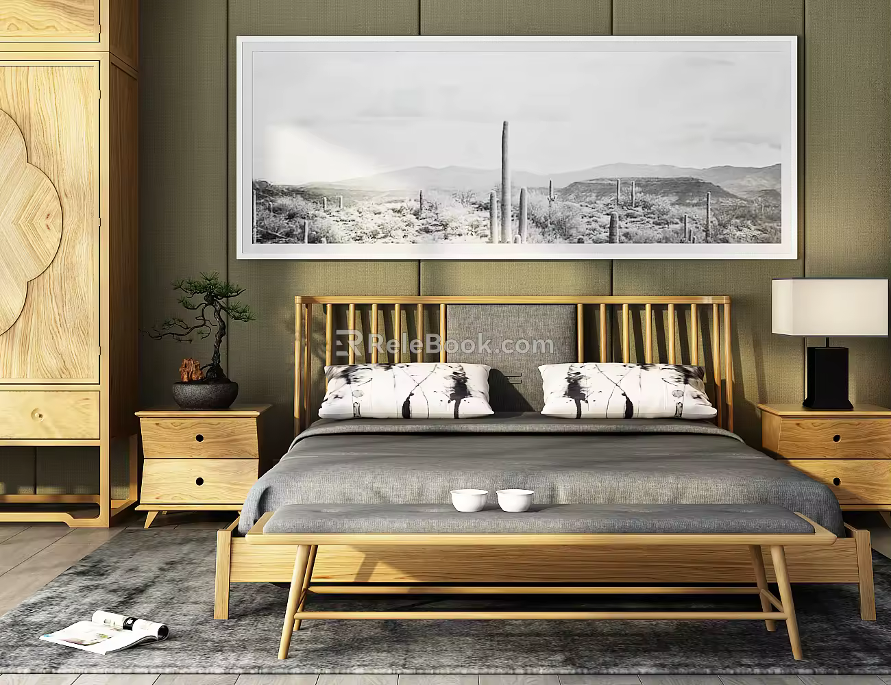 New Chinese background double bed combination 3d model