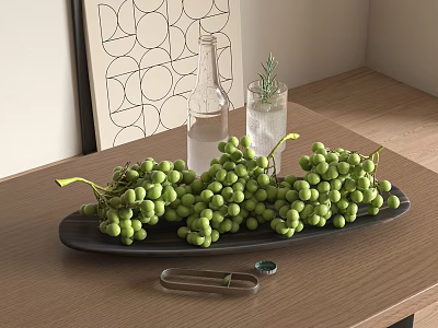 Fresh Green Grapes on Black Tray with Glass Bottle and Rosemary on Wooden Table 3d model