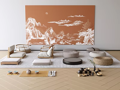 Chinese Style Living Area With Rugs Seats And Tea Sets 3d model
