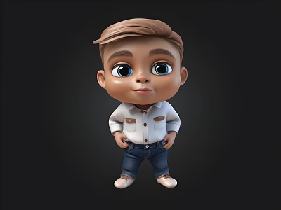 Cartoon Boy Character With Brown Hair Big Eyes White Shirt And Blue Jeans 3d model