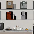 Modern Daily Electrical Appliances In Various Styles On Kitchen Shelves And Countertop