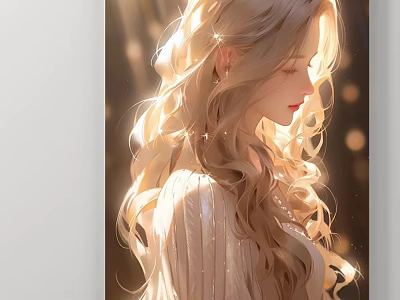 Portrait of Blonde Woman with Curly Hair in Striped Light Clothing and Soft Warm Light Spots 3d model
