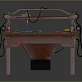 Mechanical Arm Cutting Machine On Wooden Worktable With Control Panel Colorful Pattern And Warning Stripes