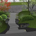 Serene Garden Landscape With Stone Steps Green Hedge Wall And Purple Flowers